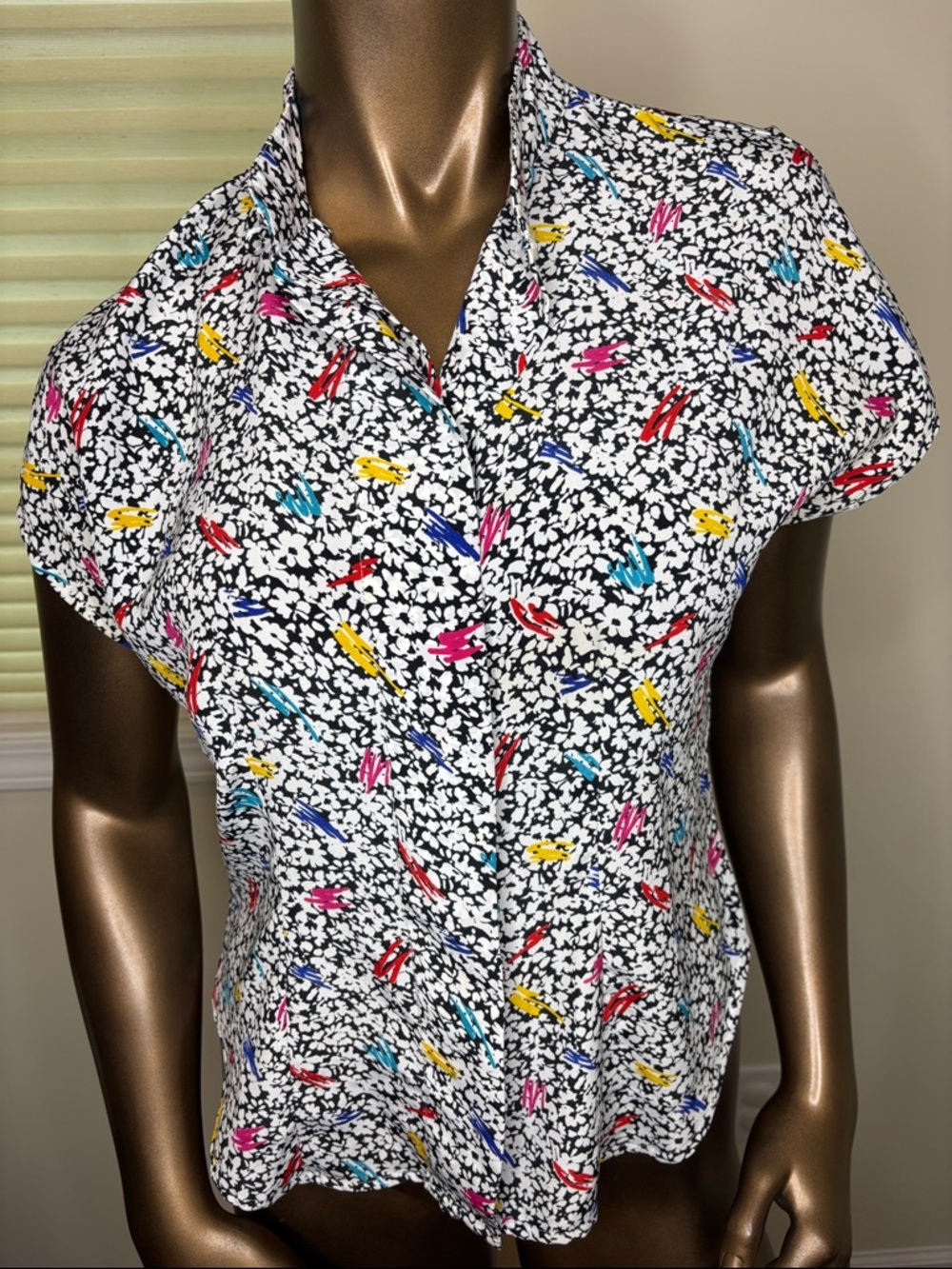 Vintage Black & White Button-Down Shirt with Multicolor Accents